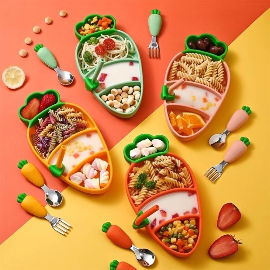 Kit De Prato infantis de silicone formato de Cenoura para Jantar de Bebê com Ventosa com divisórias 6 Peças