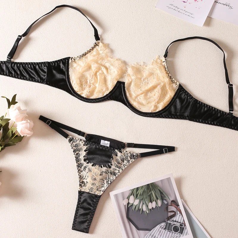 Satin Lace Patchwork Lingerie Two Piece Sets Transparent Push Up Bra And Thong Comfortable Erotic Underwear Silky Nightwear Suit