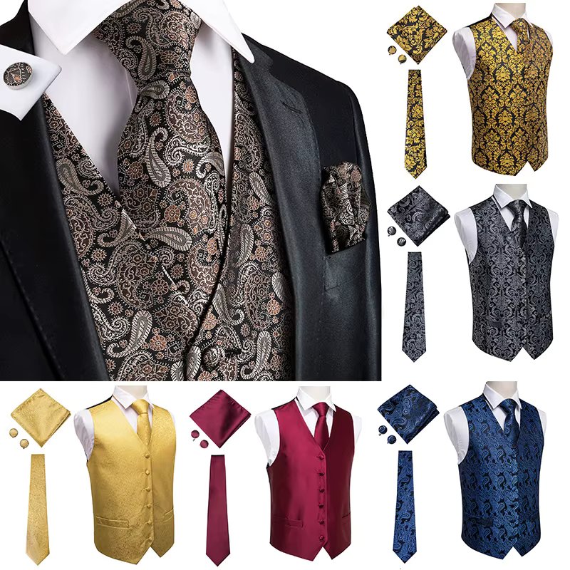 Hi-Tie Black Luxury Paisley Men's Vest Set Hanky Cufflinks For Wedding 100% Silk Vest For Men Gold Waistcoat Yellow Classic Vest