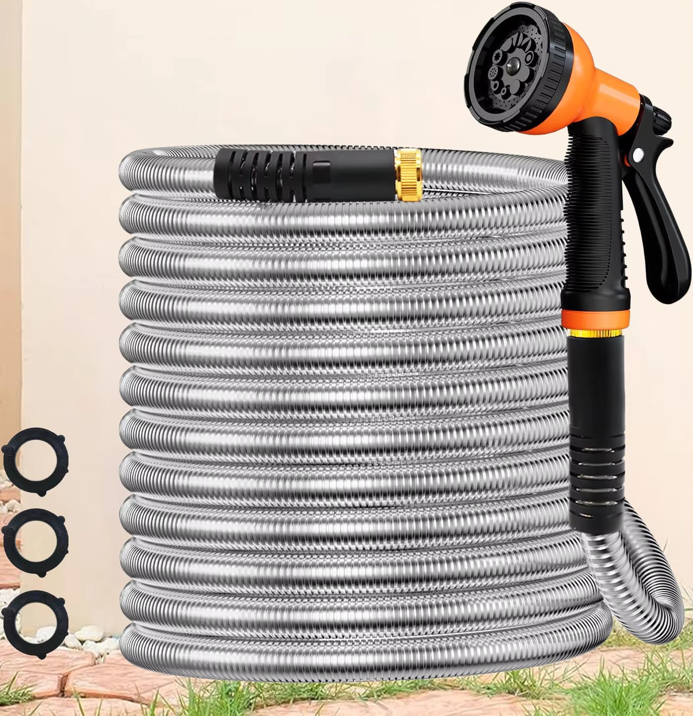 Garden Hose Stainless Steel Water Hose with 10 Functions Adjustable Spray Nozzle Heavy-Duty Metal Garden Hose for Yard Lawn