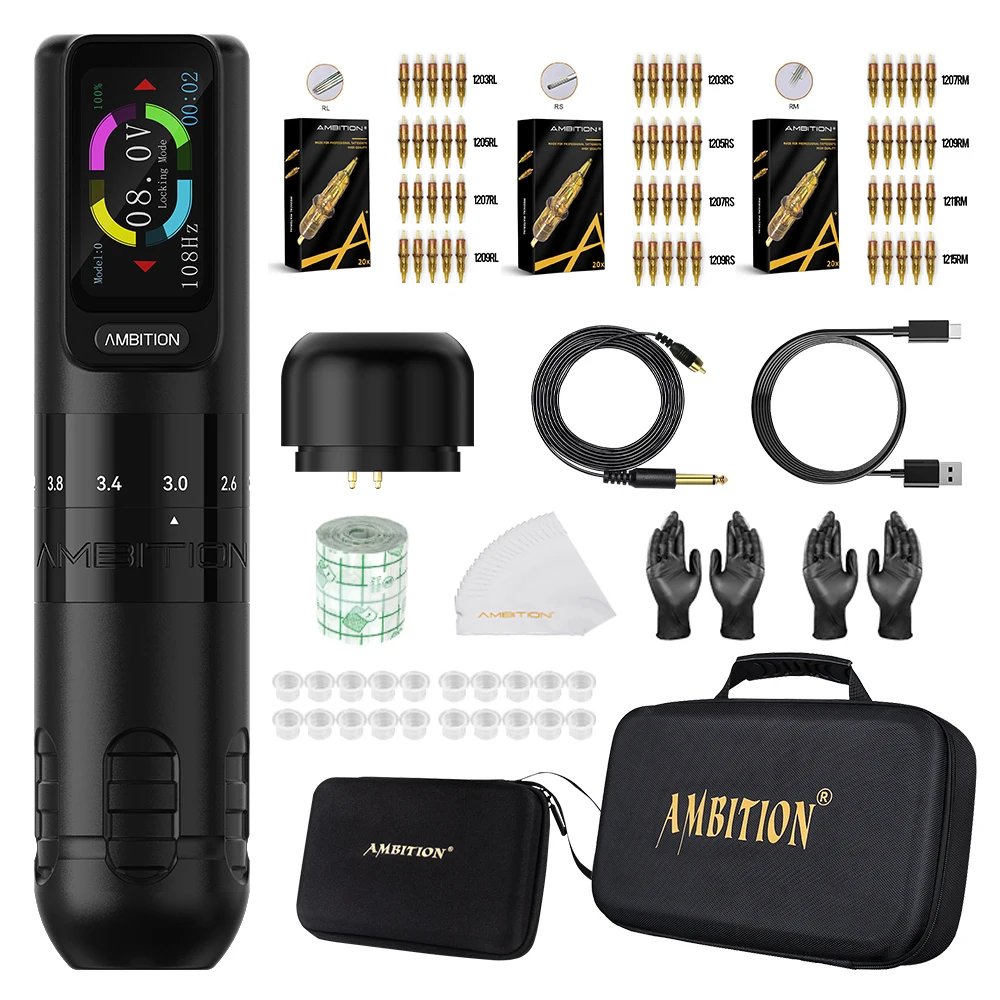 Ambition Seher Wireless Tattoo Machine Pen Kit 2.2-4.2mm Adjustable Stroke 2400mAh Capacity Battery Strong Coreless Motor supply