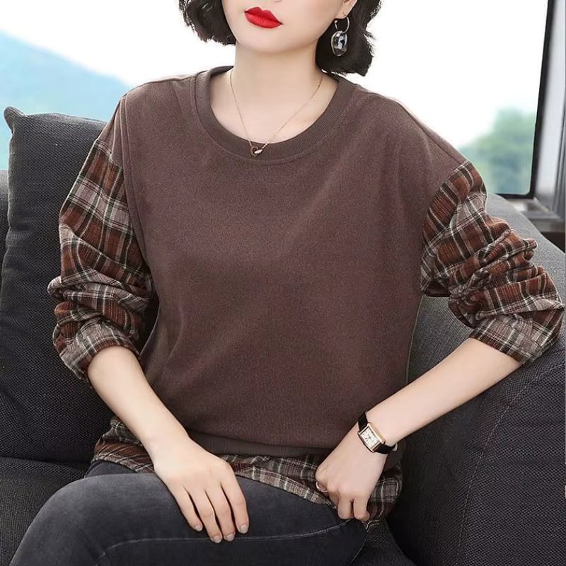 Fashion O-Neck Spliced Lattice Fake Two Pieces Blouse Women's Clothing 2024 Spring New Oversized Casual Pullovers Korean Shirt