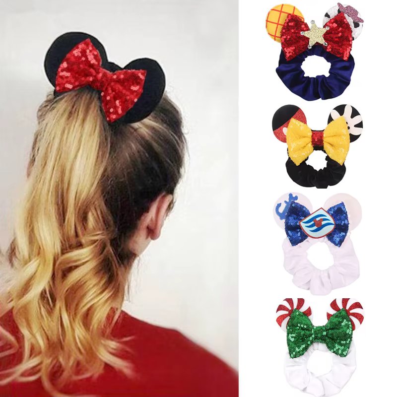 Hot Sales Christmas Disney Ears Hair Scrunchies Velvet Hairbands For Girls Sequins Bows Headband 2024 Women Trip DIY Accessories