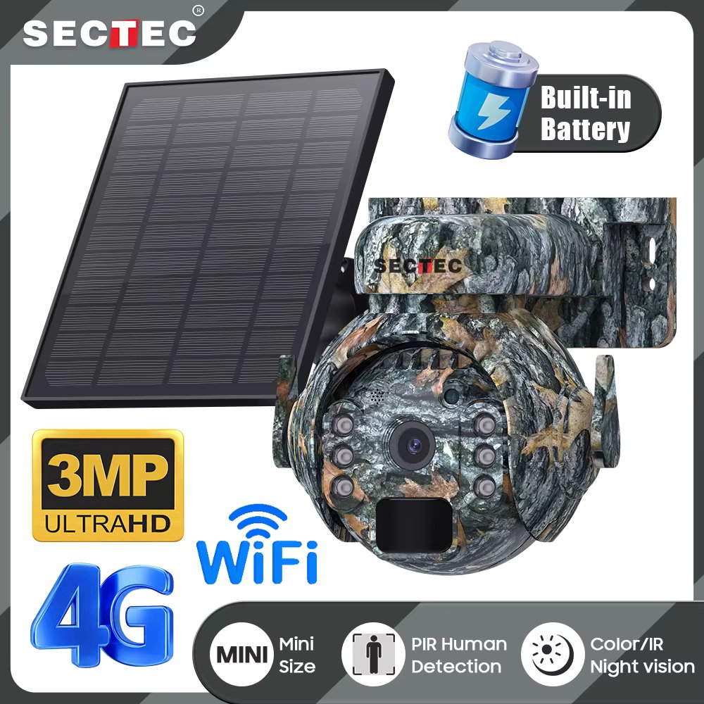 SECTEC 3MP Solar Cell Powered 4G Camera security camera Wifi Monitoring Solar WIFI Camera Outdoor Infrared Human Body Detection