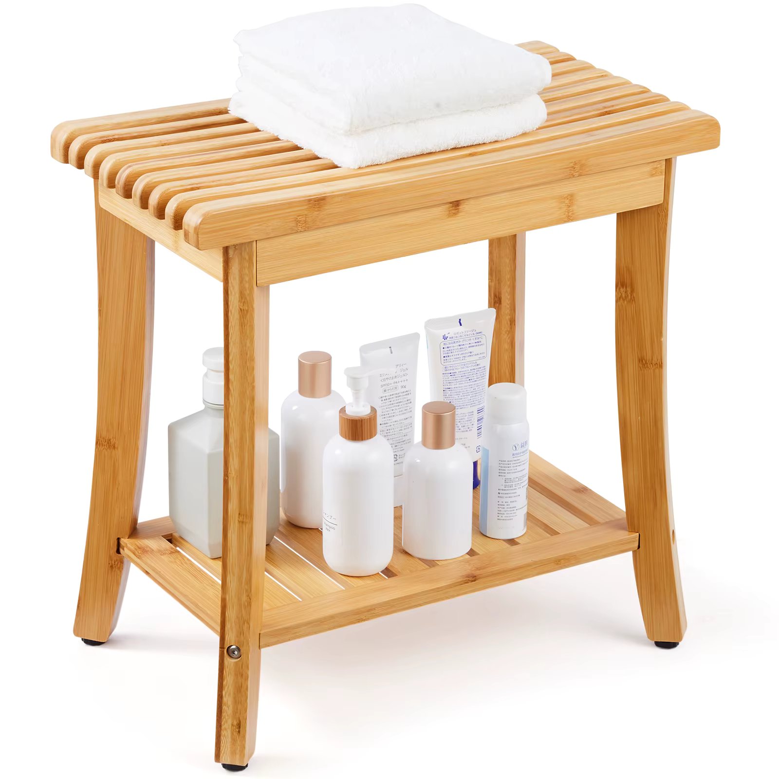 VEVOR Bamboo Shower Bench 19.1 x 11.3 x 18.3 in Waterproof Shower Stool Chair with Storage Shelf 330lbs Load Capacity Spa Seat