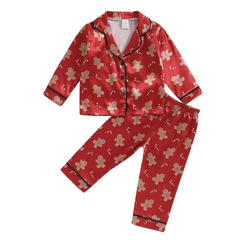 Pudcoco Toddler Baby Girl 2Pcs Pajamas Set Christmas Long Sleeve Gingerbread Man Print Button Up Shirt Pants Set Sleepwear 6M-5T