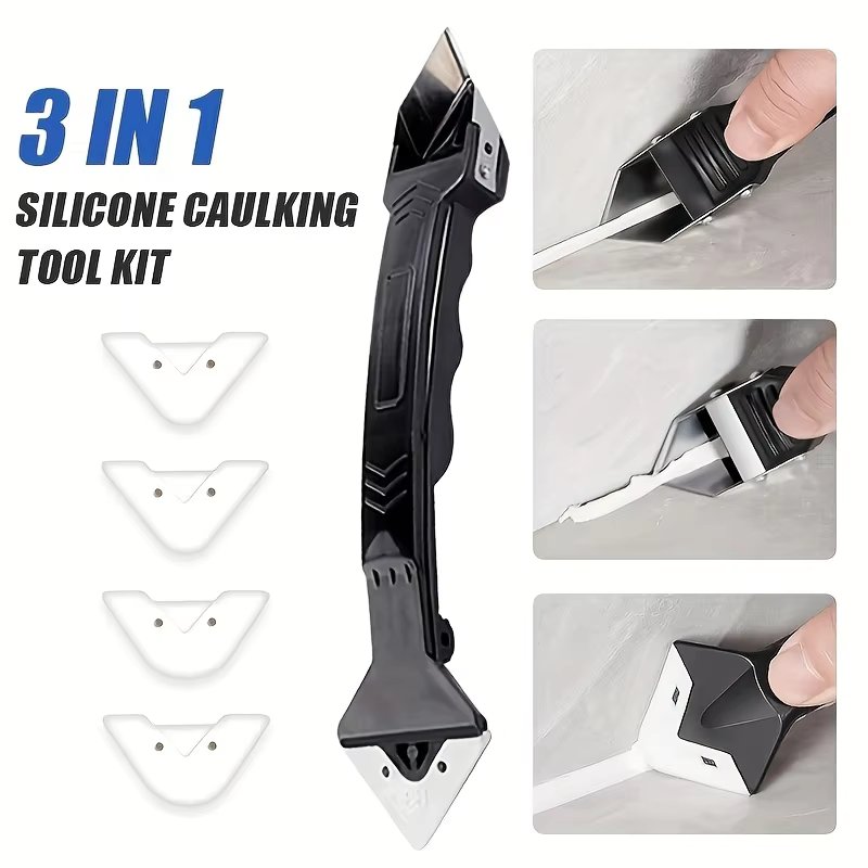 3-in-1 Silicone Caulking Tool Kit Stainless Steelhead Caulk Remover and Sealant Finishing Tools Grout Scraper