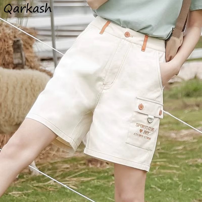 Women Shorts Kawaii Embroidery Chic Streetwear Harajuku Preppy Style All-match Leisure Knee-length Cargo Short Trousers Ins New