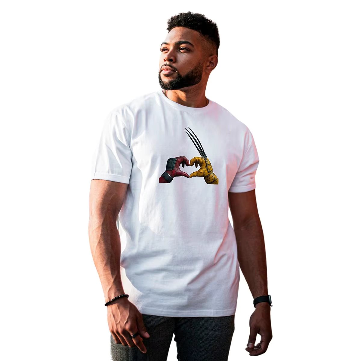 Deadpool Wolverine Hands Making Heart Cotton Basic Men's T-Shirt