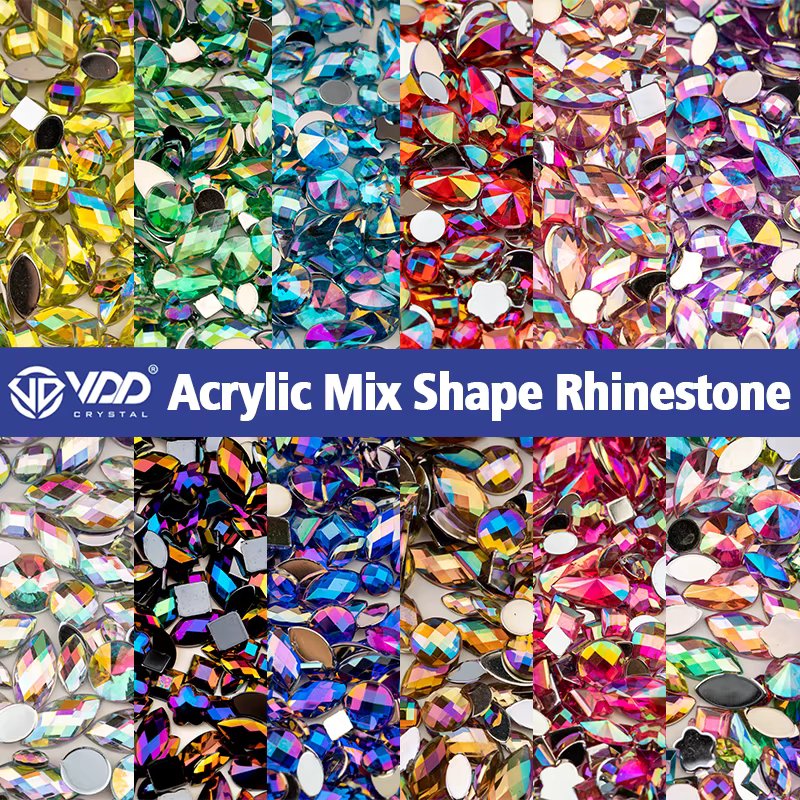 VDD 600Pcs Mixed Shape Acrylic Rhinestones Plastics Crystal Colour AB Flatback Stones For Crafts DIY Nail Art Clothes Decoration