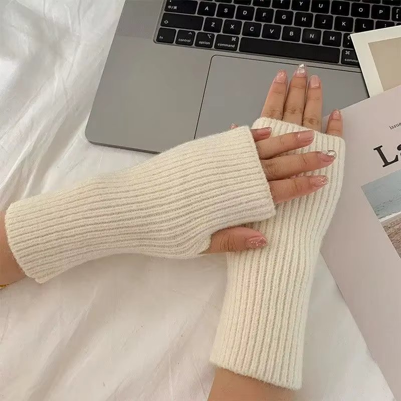 Solid Half Finger Gloves for Women Winter Soft Warm Wool Knitting Arm Gloves Writting Warm Mittens Handschoenen Guantes