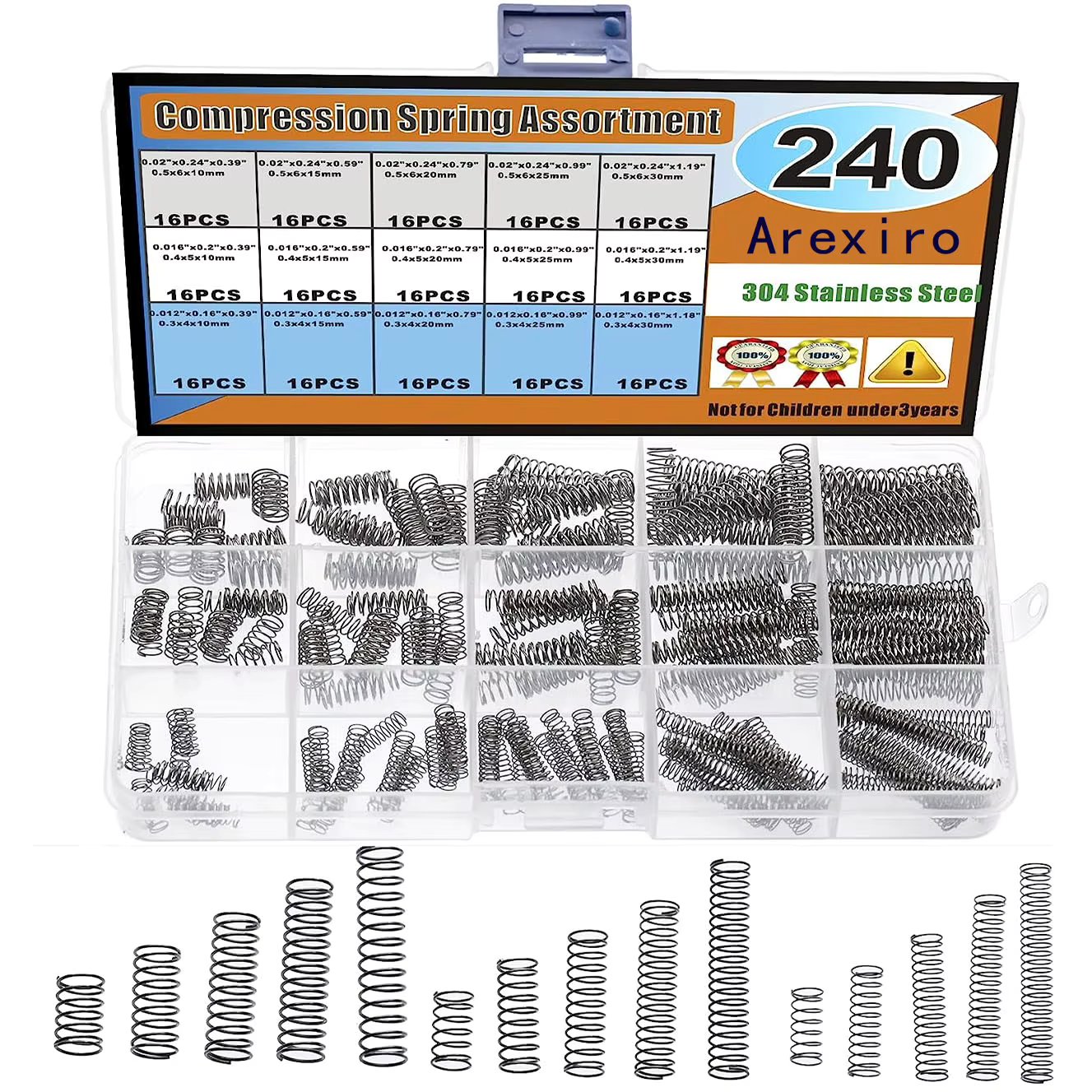 240pcs 15 Sizes Compression Springs Assortment Kit, Mini Stainless Steel Springs for Repairs, 0.39" to 1.18" Length, 0.16" - 0.2