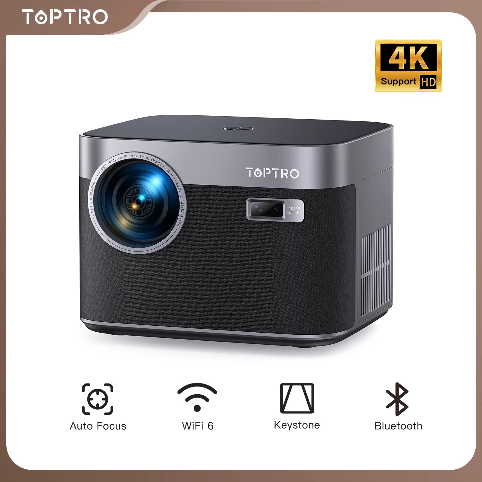 TOPTRO Projector 4K Android 9.0 26000 Lumens native 1080P WiFi6 Bluetooth Projector Auto Focus/Keystone Outdoor Home Theater