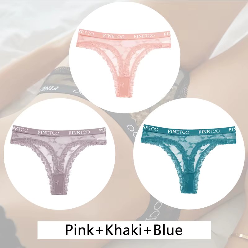 FINETOO Women Lace Thongs 3Pcs/set Letter Bikini Underpants Sexy T-Back Underwear Female Low-Rise Floral G-strings Lingerie 2022