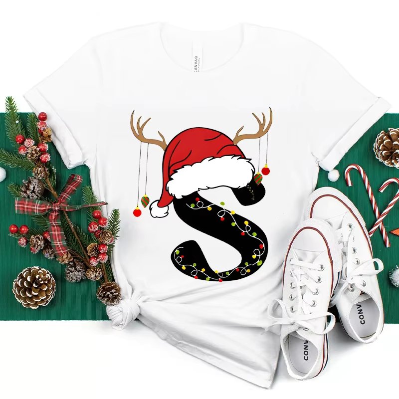Family Matching Christmas T-Shirt Women Clothing Fashion 26 Alphabet Letters Printed Graphic Tops Streetwear Short Sleeve Tees