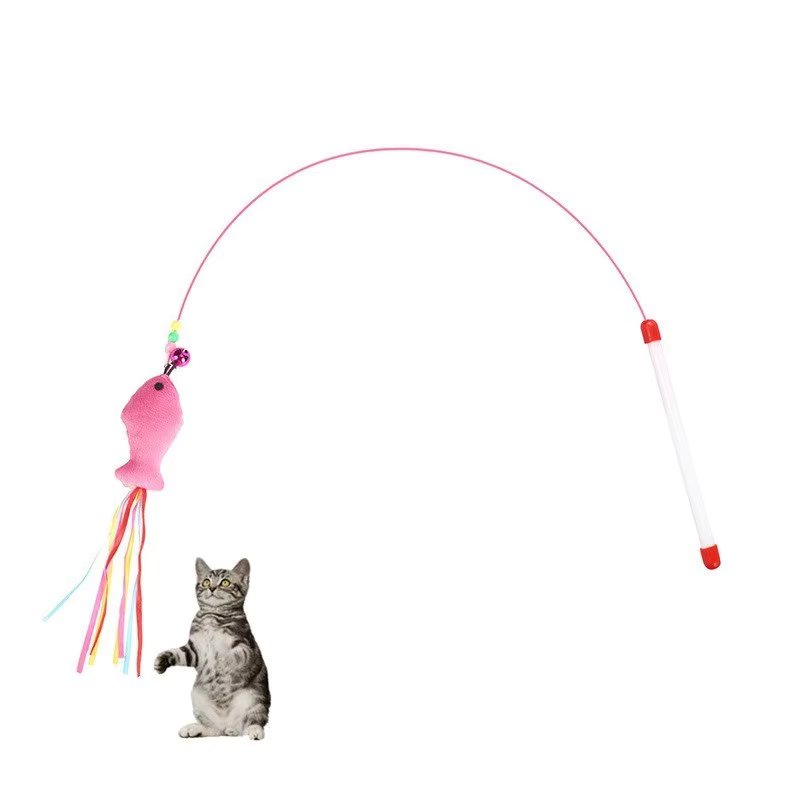 Pet Toys Steel Wire Color Feather Cat Teaser Cat Toy Free Bell Caterpillar, Fish, Mouse Cat Teaser Stick Pet Supplies Wholesale