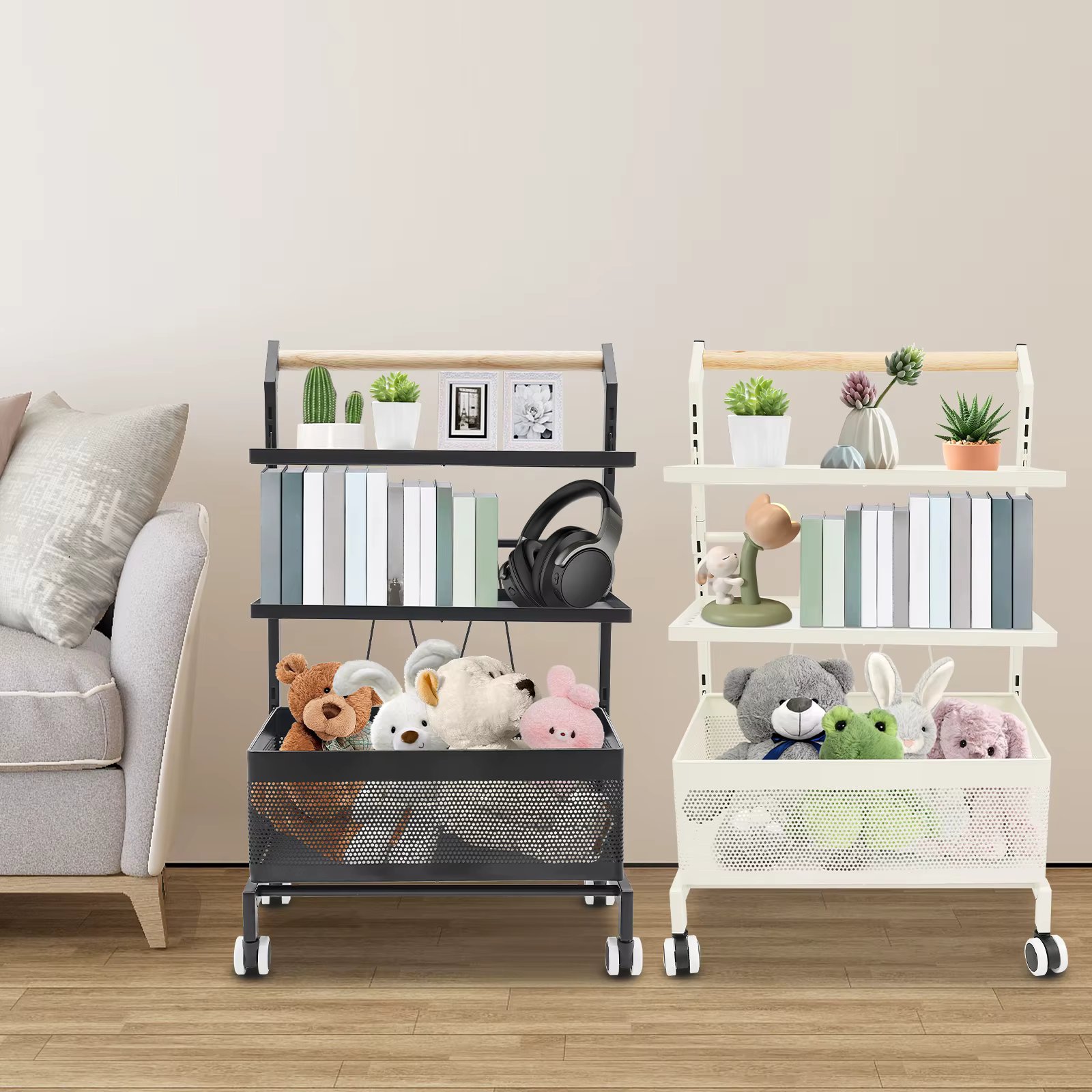 3-Layer Frame Trolley, 44.09lbs Load-bearing Capacity, Spacing Adjustable Storage Cart with 4 Wheels (2 with Brakes) for Indoor