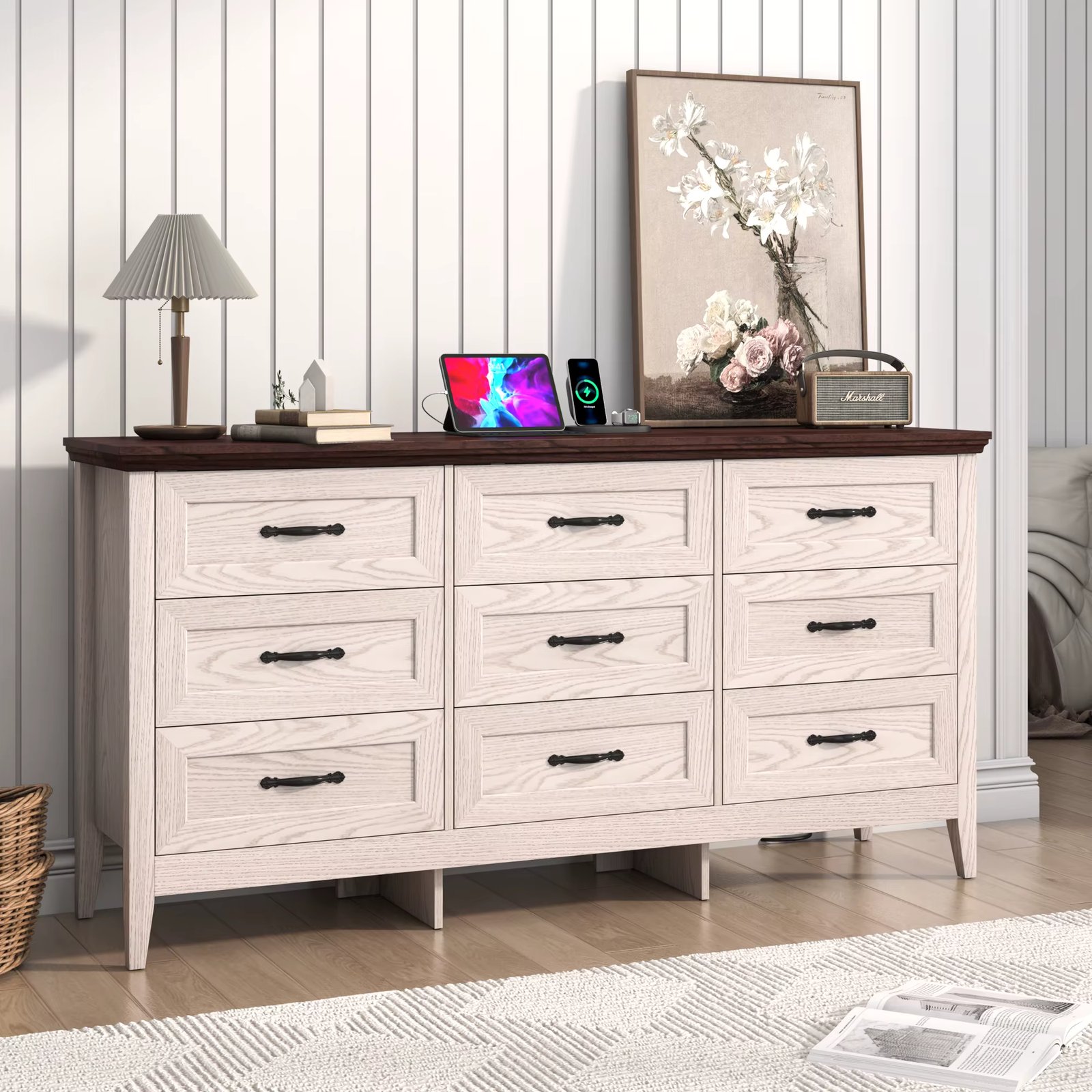 63" 9 Drawers Dresser for Bedroom, Farmhouse Wood Dresser Wide Chest of Drawers, Rustic Storage Cabinet Clothes Organizer, Beige