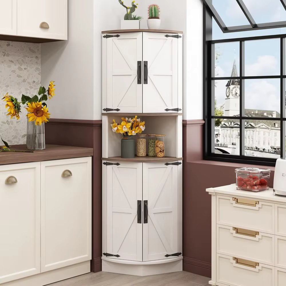 64.8" Tall Farmhouse Corner Cabinet with 4 Doors and 5 Storage Shelves, Farmhouse Storage Cabinet with Barn Door Design,