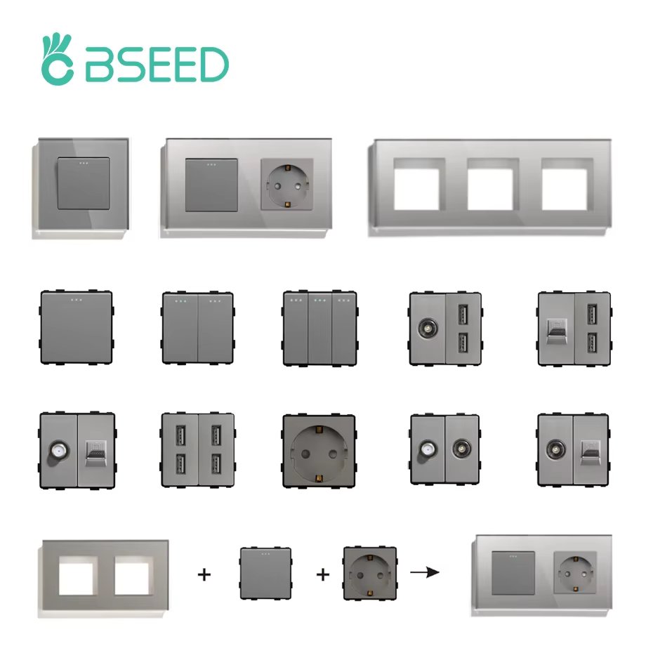 BSEED Light Switches Glass Panel Parts White USB Wall Sockets Function Parts  DIY EU CAT5 TV Sockets Power Outlet Parts Gray