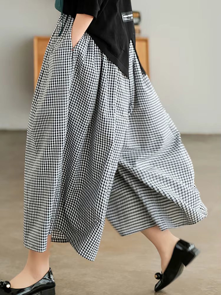 Elegant Woman Dress Plaid Pants Thin Cotton Linen Wide Leg Trousers Women 2023 Summer High Waist Baggy Jogger Pants Sweatpants