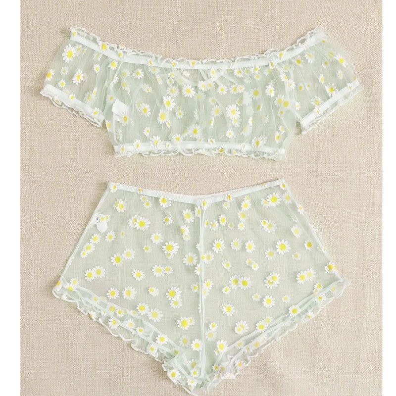 Sweet Sexy Floral Off Shoulder 2Pcs Bikini Set See Through Lingerie Women Sleepwear Transparent Tops+Shorts Panties Babydoll
