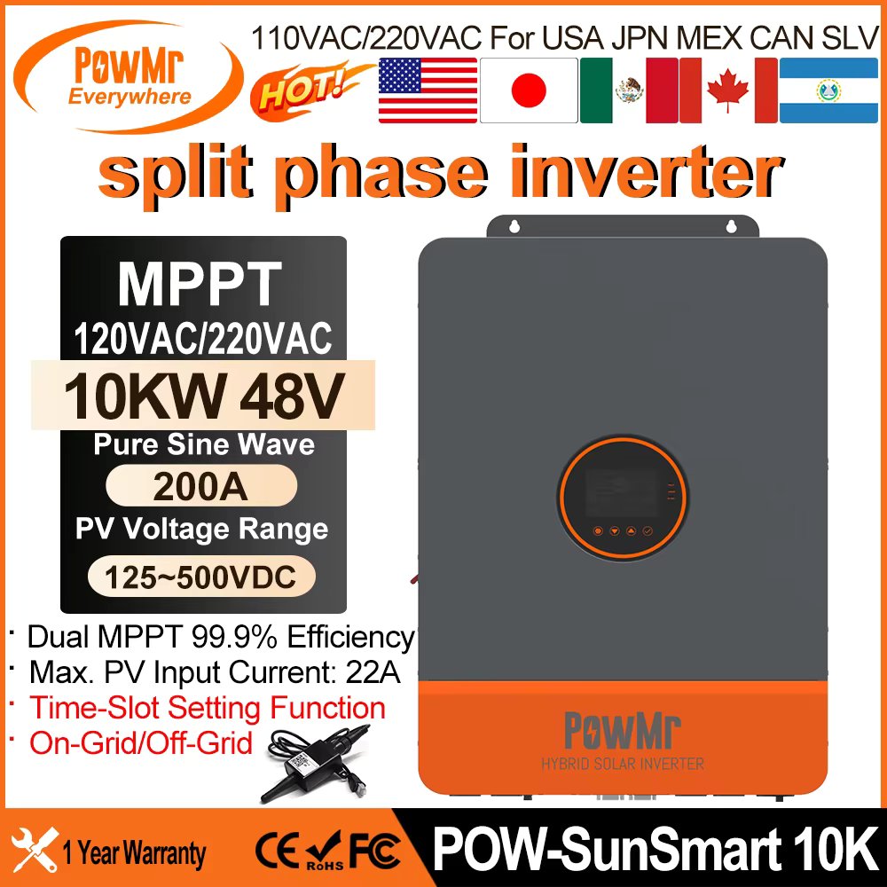 PowMr 10KW 48V Split Phase Inverter All in one Hybrid Solar Inversor 110/220VAC Output PV 500VDC With Dual MPPT 200A Tracker