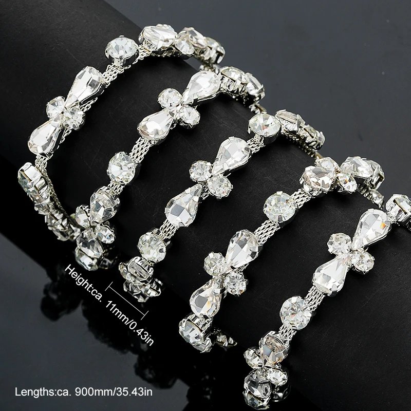 QIAO 90cm Rhinestone Crystal Chain Diamante Lace Diamond Trim Ribbon Necklace Applique Gem Sparkle Wedding Dress for DIY Craft