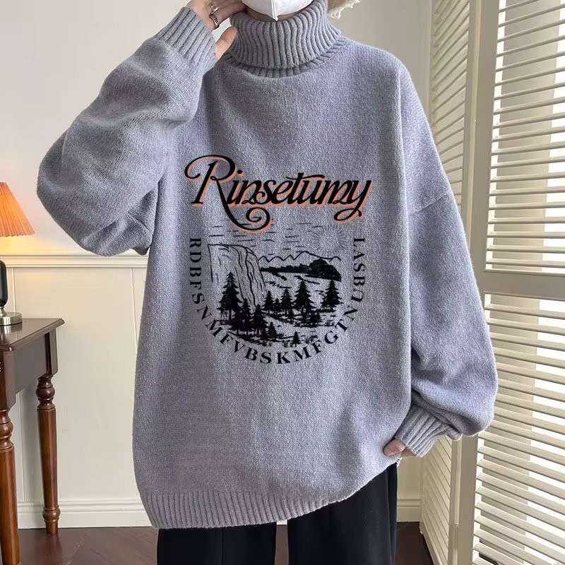 Trend In Loose printed turtleneck Knit Men's Retro emotional overfit high neck sweater KN1957