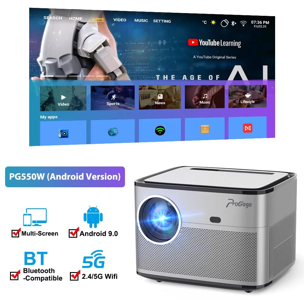 PG550W Auto Focus Full HD 1080P Projector 4K Android WiFi PG550 Portable Video Movie Home Theater Cinema 3D Beam Projector