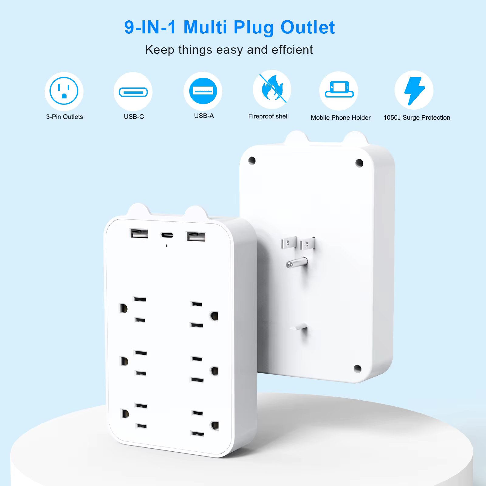 USB Wall Mount  Power Strip, Surge Protected Power Outlet Extender with 6 Outlets and 3 USB Ports, Extender & Surge Protector,US
