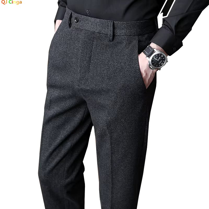 QJ CINGA New Grey Men's Woolen Pants, Autumn/Winter Thick Trousers Men, Slim Business Pantalones Hombre Fashion Slacks 28-36