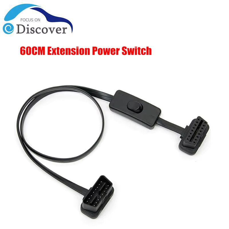 60CM OBD2 16 Pin Male To Female Right Angle Extension Cable With Power OBD Switch Cable Diagnostic Tool
