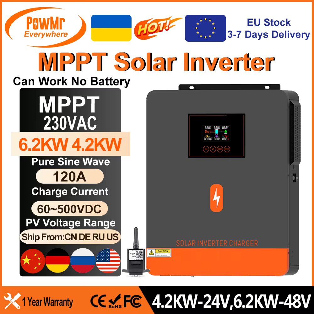 PowMr 6.2KW 4.2KW Hybrid Solar Inverter 48V 24V to 220V Dual AC Pure Sine Wave MPPT 120A Solar Charge Controller PV 60~500V WIFI