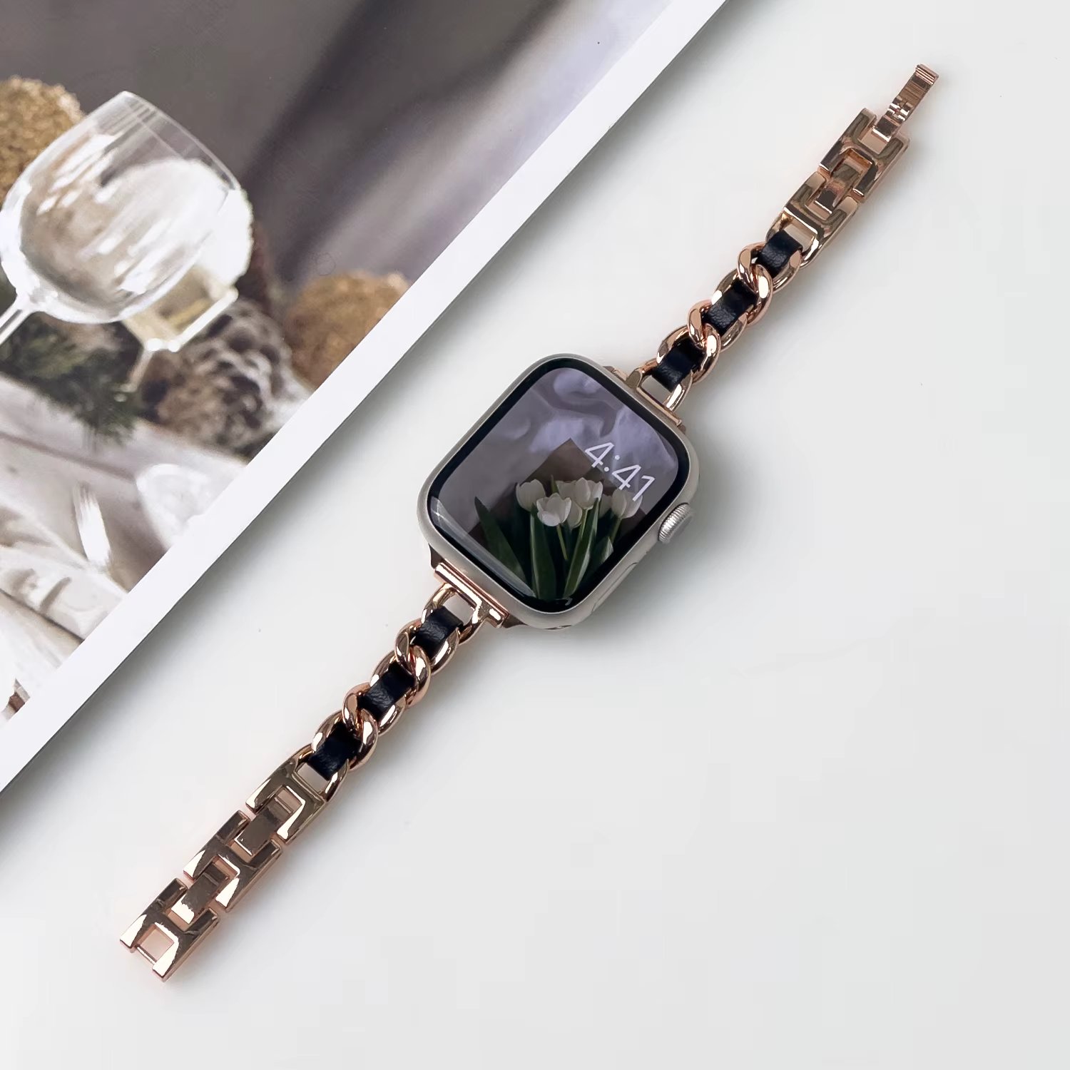 Entercorn Apple Watch Slim line chain leather metal leather leather strap 10 SE Ultra 2 9 8 7 6