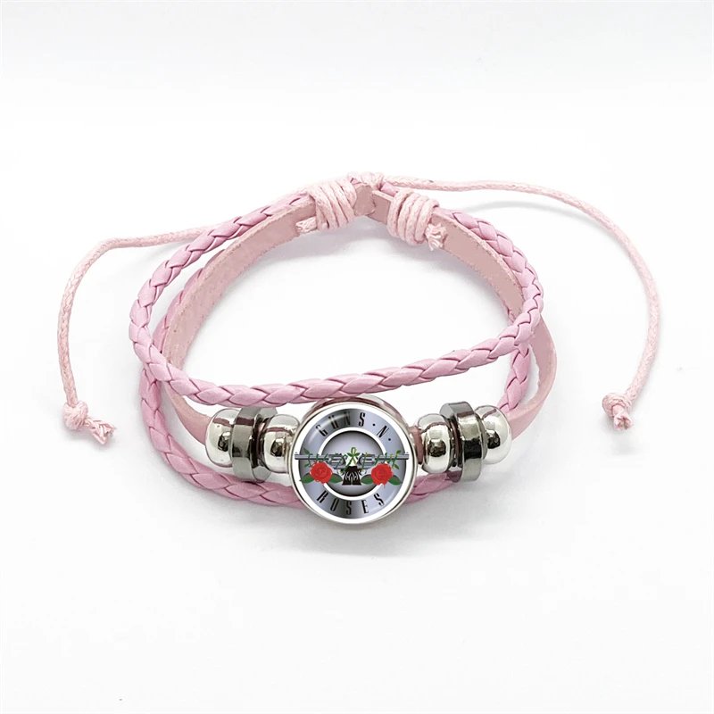 Latest Guns N Roses Rock Band Bracelet Punk Guns and Roses Band Logo Print Glass Gem Handmade Multilayer Braided Bangle Gift