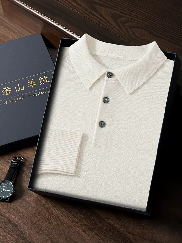 ANGEL 2024 Men's New POLO Shirt 100% Cashmere Knitted Pullover Solid Color Sweater Fall Winter Casual Business Office Jacket