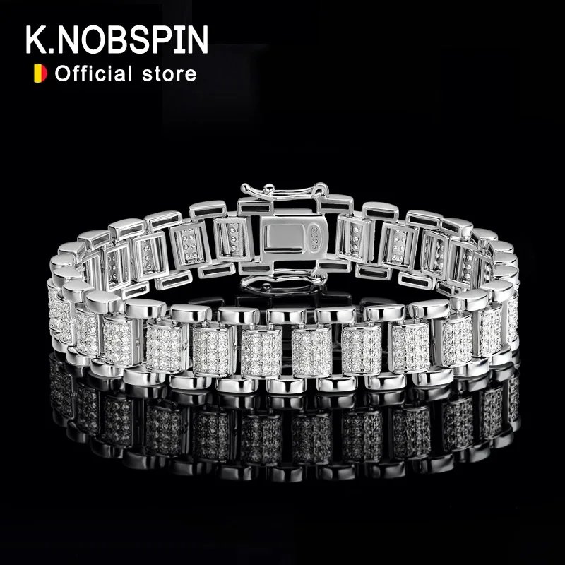 KNOBSPIN 10mm Moissanite Cuban Watch Bracelet Full Diamond GRA Solid 925 Silver Plated White Gold Tennis Bracelets for Women Man