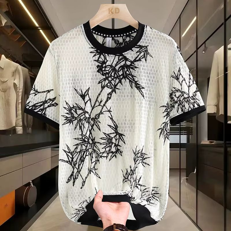 Simplicity Trendy Summer Men's O-Neck Printing Hollow Out Gauze Fashion Casual All-match Loose Short Sleeve T-Shirts Tops