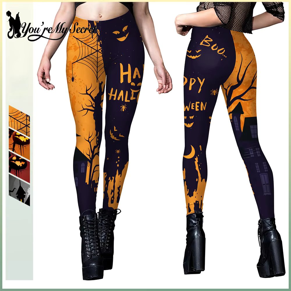 [You're My Secret] Women's Sexy Workout Casual 3D Printed Pumpkin Terror Skull Halloween Trousers Slim Leggings High Waist Pants