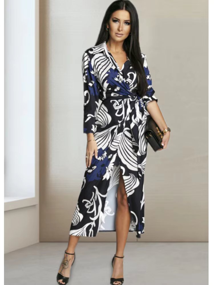 Women Casual Floral Print Bandage Dress Half Sleeve Split Hem Sexy Vintage Elegant Fashion V-Neck Slim Waist Female Dress 2024