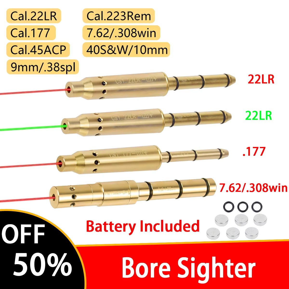 Tactical 22LR 22 LR Red Green Laser Bore Sight Kit 9mm .38spl .177 .223Rem 10mm 40S&W .45ACP Cal Pistol Hunting Gun Accessories