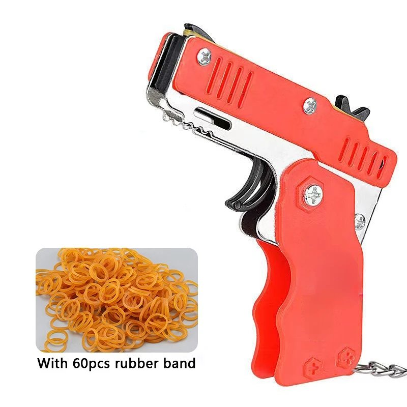 1pcs Mini Metal Gun Folding Rubber Band Toy Outdoor Sports Keychain Toy 6 Bursts Rubber Pistol Kids Gifts Party Favor Gun Toys