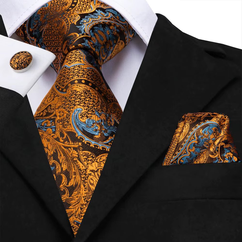 Hi-Tie 100% Silk Luxury Mens Ties Floral Black Gold Ties Paisley NeckTie Pocket Square Cufflinks Set Men's Wedding Party Tie