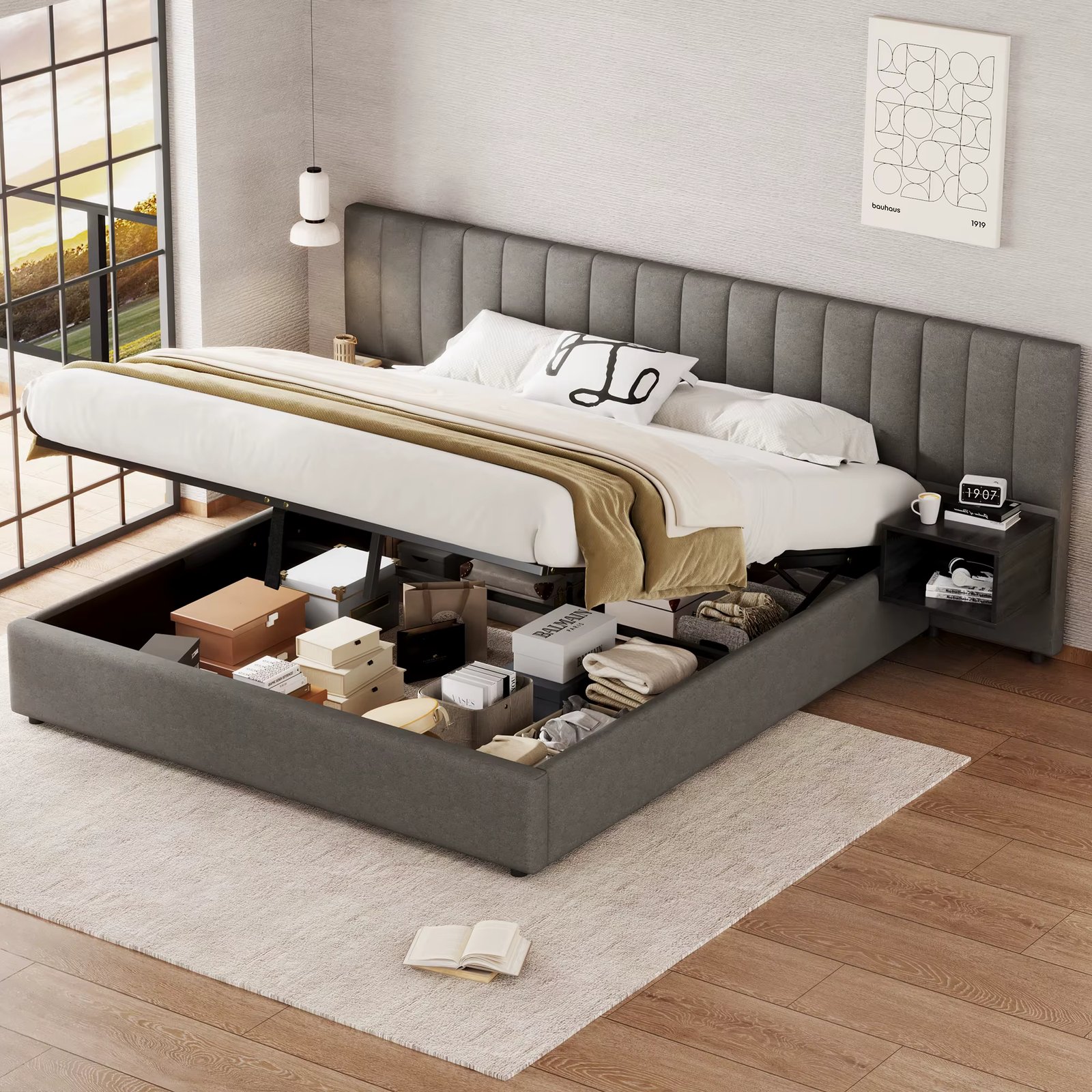 Frame Bed, Upholstered bed, hydraulic wide-eared bed with two bedside tables, Flat Bed with storage space, wooden slatted base