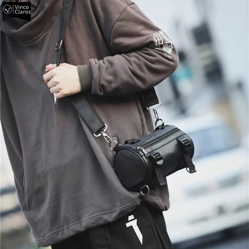 VC Cool Streetwear Barrel-shaped Shoulder Bags for Men Hip Hop Men's Small Satchel Sling Bag ins Fashion Patchwork Crossbody Bag
