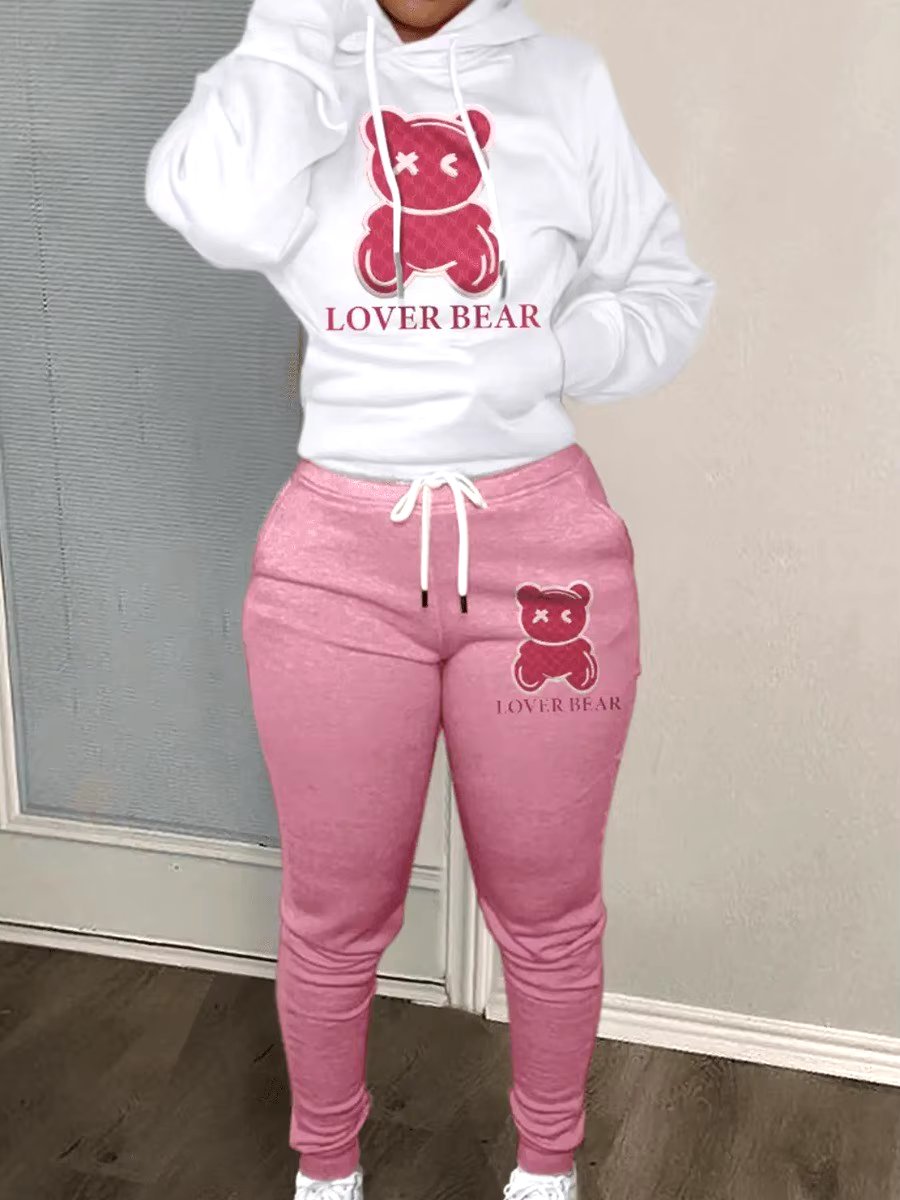 Lovely Bear Letter Print Kangaroo Pocket Tracksuit Set Long Sleeve Hoodie+Drawstring Trousers Women Two Pieces Matching Suits