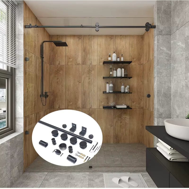 DIYHD 5FT(152cm) Frameless Black Sliding Glass Shower Door Running Track Barn Shower Door Rolling Hardware Kit,No Glass