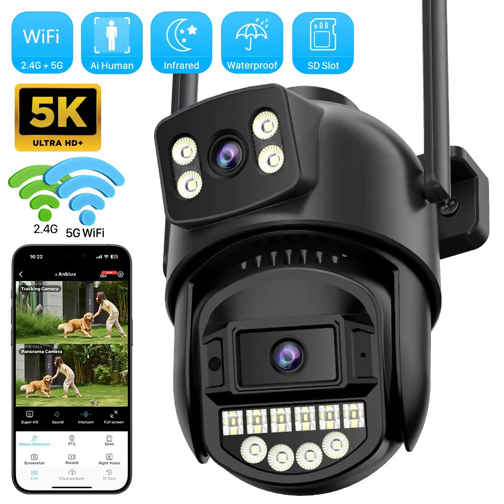 5K 10MP WiFi Surveillance Camera 5Ghz Dual Lens Real-time intercom AI Human Detect 8MP 4K Outdoor Security PTZ IP Cameras