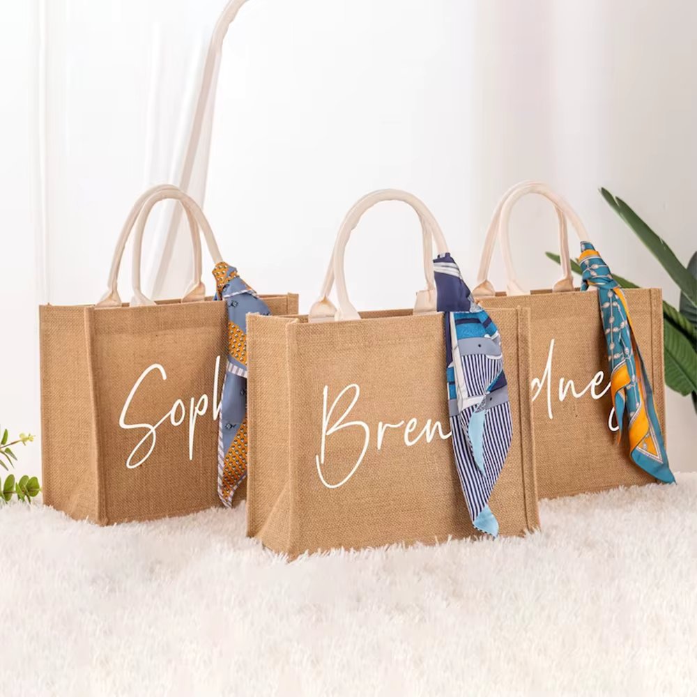 Personalized Bridesmaid Jute Tote Bags with Scarf Party Retro Beach Bag Bachelorette Gifts Girlfriend Gift for Her